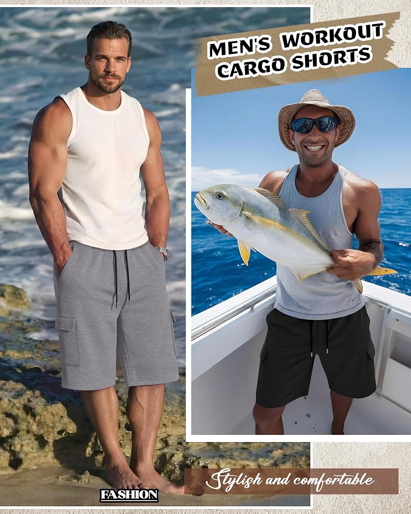 Men's 3 Pack Cargo Shorts – Athletic Sweatshorts with Pockets, Drawstring Waistband, Lightweight 95% Polyester 5% Spandex – Black, Light Gray, Dark Gray (XL) Variation