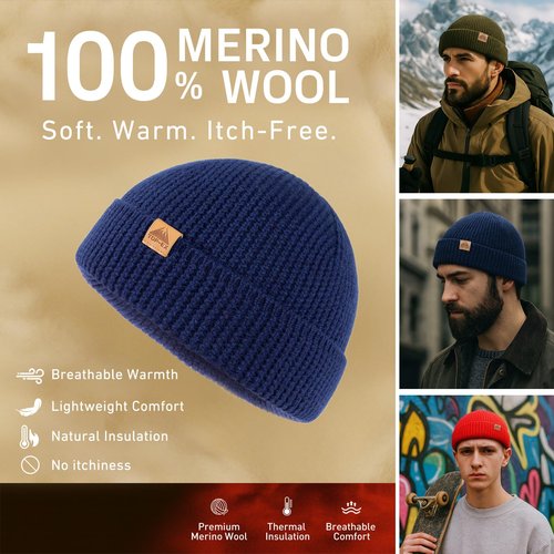 TOP-EX 100% Merino Wool Fisherman Beanie for Men Women | Navy Short Trawler Winter Knit Hat Warm Wool Knit Cap | Beanies for Skiing Running Outdoor Daily Use M/L