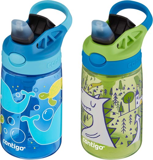Contigo Aubrey Kids Water Bottle - Spill Proof Lid & Silicone Straw | 14oz, 2-Pack, Whales & Dragons