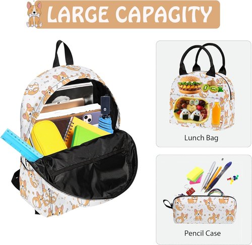 Corgi Cute 3PCS Backpack Set - Lightweight 17 Inch Bookpack for Teens | Includes Lunch Box & Pencil Case