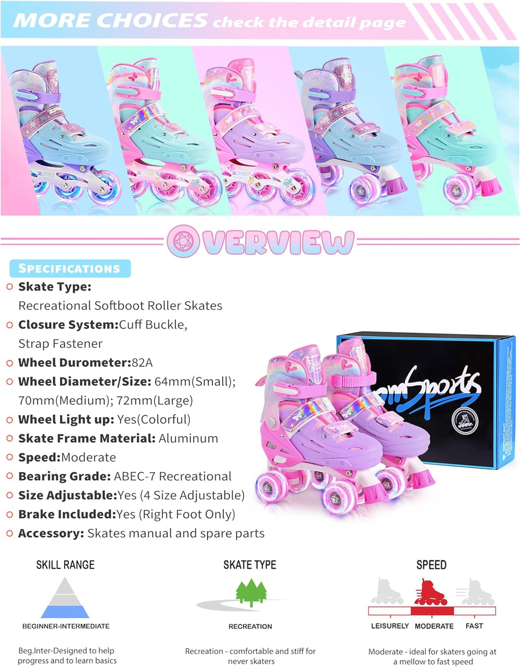 2PM SPORTS Roller Skates - Adjustable Light-Up Wheels for Kids Age 4-12 | Sizes 10C-6