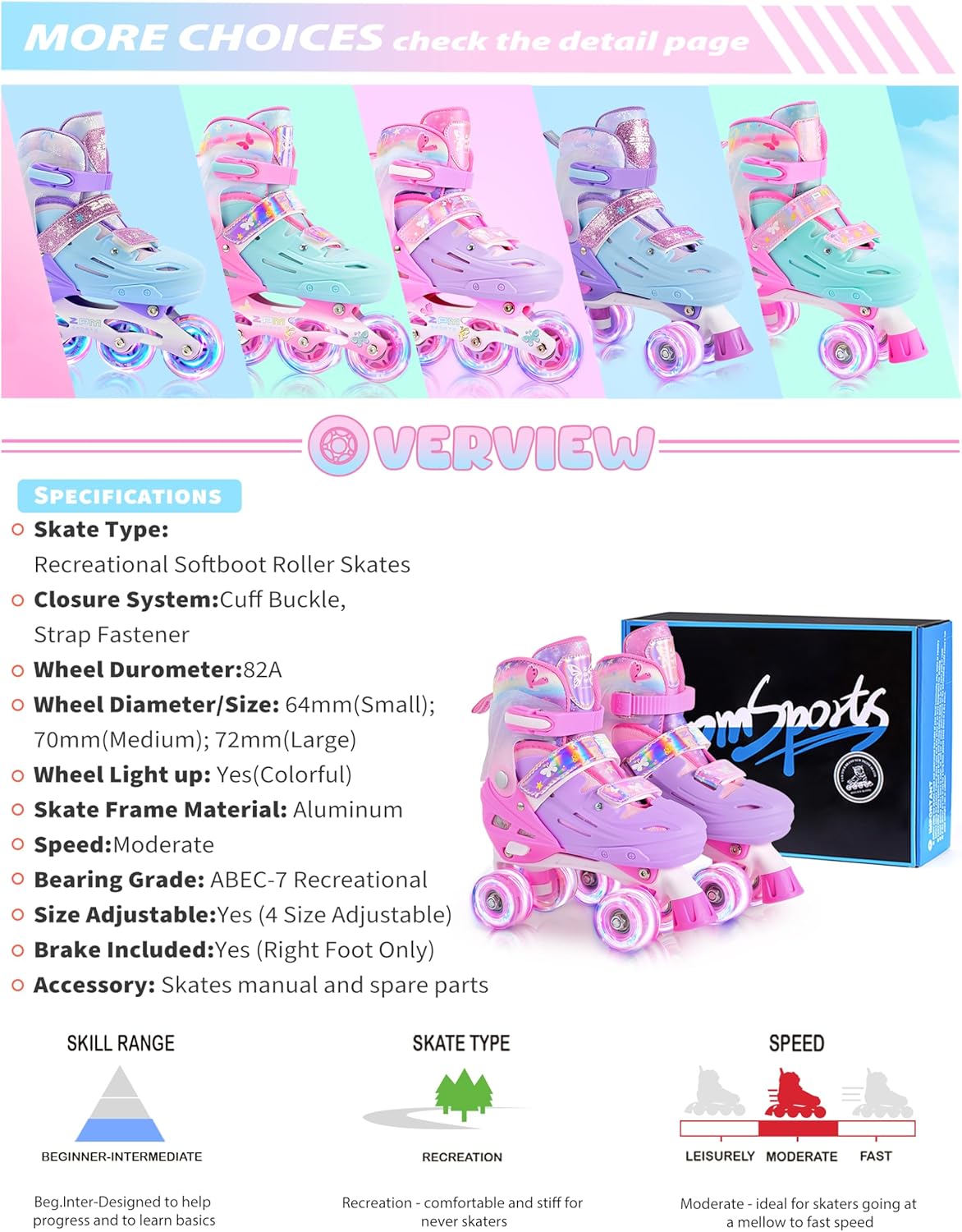 2PM SPORTS Roller Skates - Adjustable Light-Up Wheels for Kids Age 4-12 | Sizes 10C-6