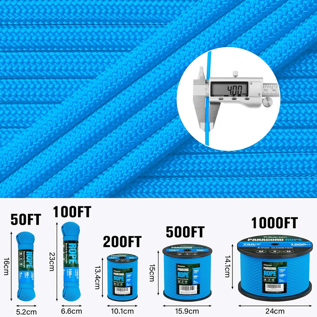 Paracord 750 lb - 100ft 5/32" Heavy Duty Parachute Cord | Durable 12-Strand Survival Rope - Blue