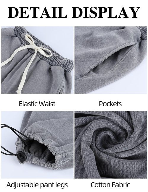 Arssm Baggy Sweatpants for Women Wide Leg Pants Vintage Cotton Acid Wash Drawstring Joggers with Pockets(Grey-M)