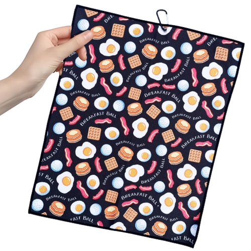 Festi Daze Breakfast Ball Golf Towel Microfiber Cloth with Carabiner Clip, Waffle Weave, Funny Golf Accessory, Golf Bag Towel