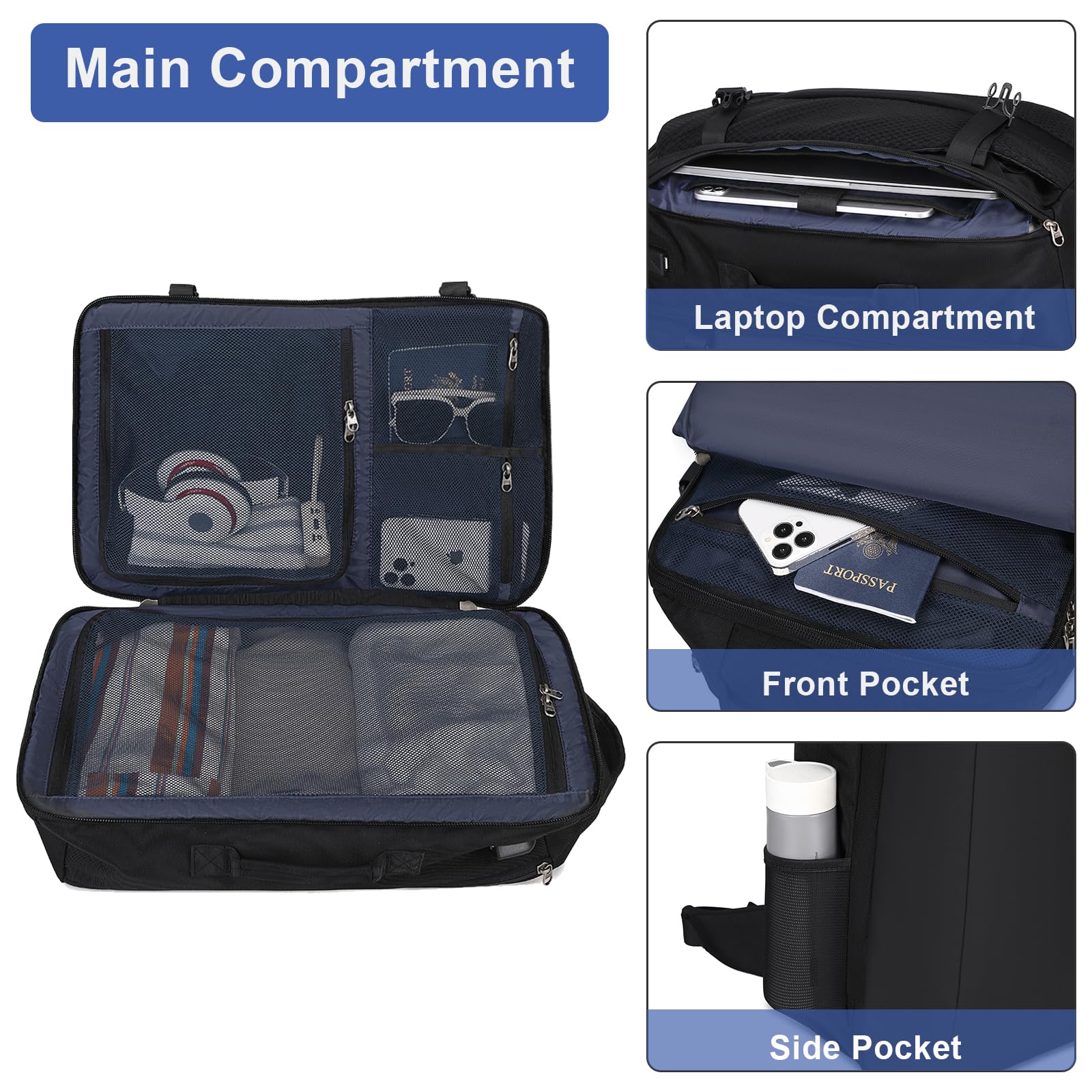 Travel Backpack for Men 40L, TSA Flight Approved Carry On Backpack with Rain Cover, 17inch Travel Laptop Backpack with USB Charging Port, Extra Large Luggage Suitcase Daypack Weekender Bag, Black