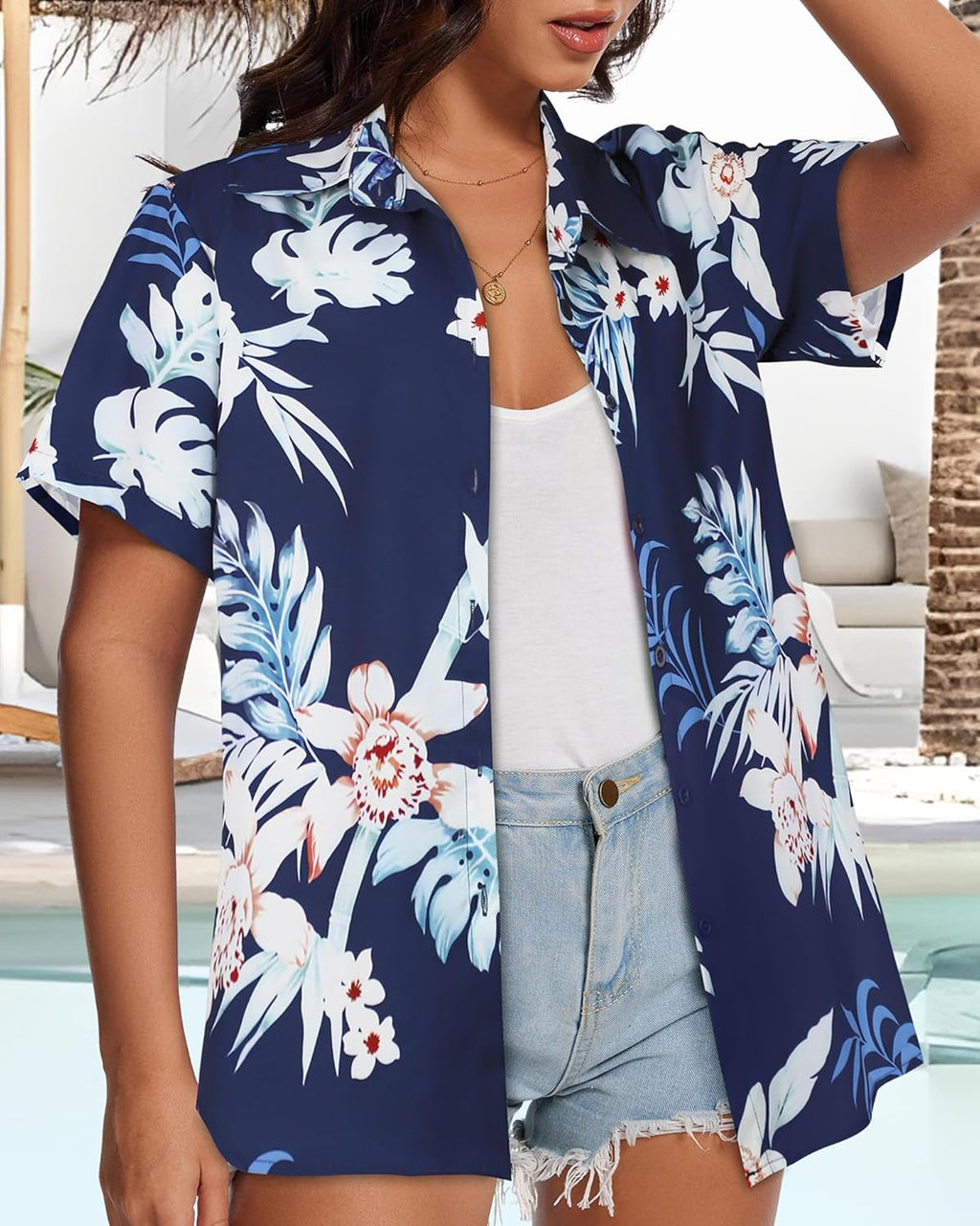 Skiennix Women’s Hawaiian Shirt - Cool Short Sleeve V-Neck Blouse for Summer Beach Outfits