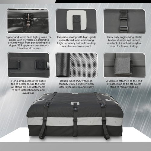 MARCHWAY Waterproof Car Roof Luggage Bag, Weatherproof Soft Shell Rooftop Cargo Carrier Bag for Vehicles with or Without Rack. 6 Door Hooks, Anti Slip Mat, Lock Included (21 Cubic Feet, Black)