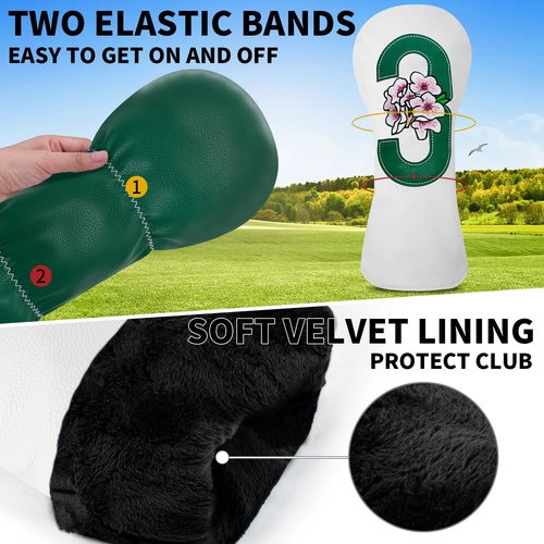 Golf Headcovers Golf Club Head Covers Advanced Embroidery Cherry Blossom Leather Driver Fairway(FW) Wood Hybrid(UT) with Number Tags Protects Against Scratches and Damage