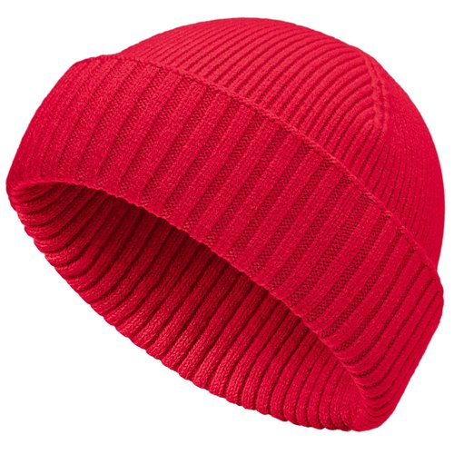 50% Wool Double Cuff Knit Beanie Hat for Men Women, Short Fisherman/Slouchy Winter Skull Cap Trawler Watch Cap, Red