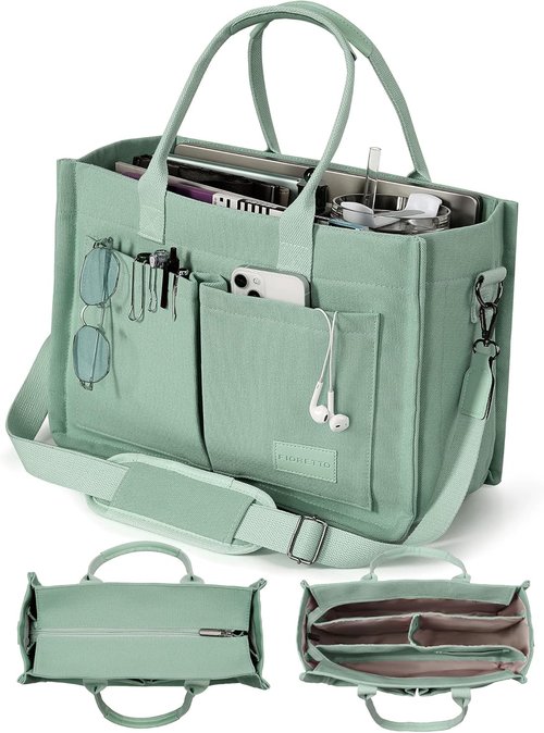 FIORETTO Canvas Tote Bag - Zipper Closure & Individual Compartments for Work, College, Teachers, Nurses