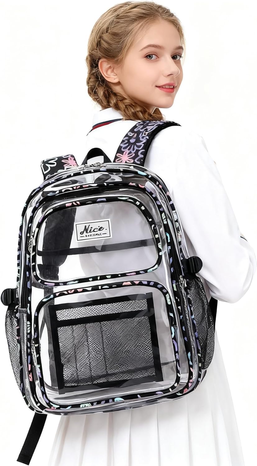 OKKID Heavy Duty Clear Backpack - Transparent Bookbag for School Girls | Durable See-Through Design