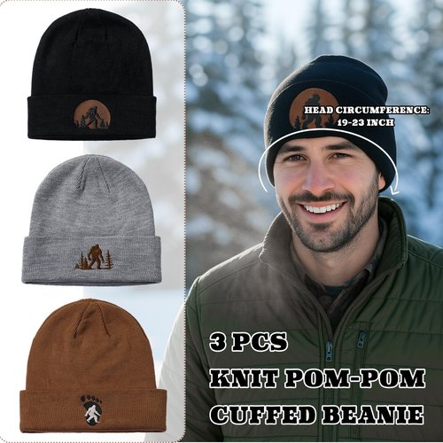Berlune 3 Pcs Sasquatch Winter Beanie Hat Gifts for Men Winter Knit Cuffed Beanie for Men Women Warm Outdoor(Embroidered) Multicolor