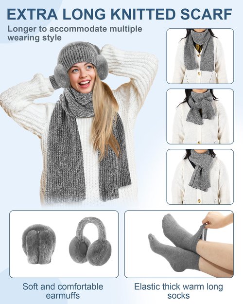 Geyoga 6 Pcs Winter Knit Set Beanie Hat Long Scarf Touchscreen Gloves Ear Muff Socks Warm Valentine Gift for Women Men Snow(Gray,Classic Style)