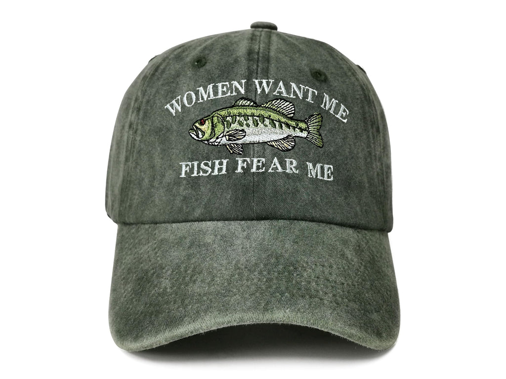 Enodtter Women Want Me Fish Fear Me Hat Trout, Fishing Gifts, Embroidered Army Green Baseball Cap for Men, Adjustable Cotton Dad Hat