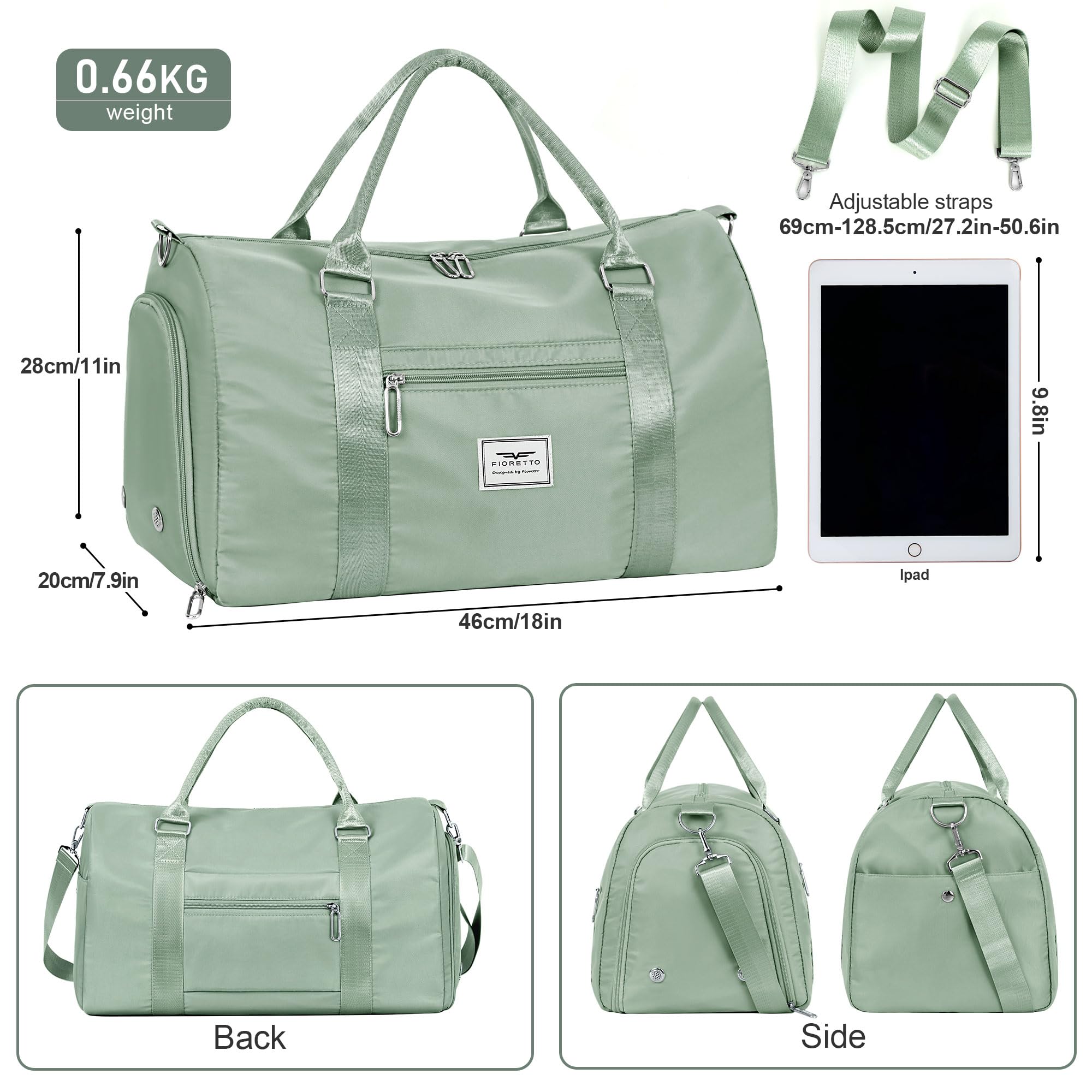 FIORETTO Womens Gym Tote Duffle Bag with Wet Pocket & Shoe Compartment, Sports Duffel Overnight Weekender Hospital Workout Carry on Bag for Girls, Ideal for Travel, Swimming, Dance, Ballet Celadon