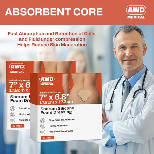 Bordered Sacrum Silicone Foam Dressing for Wound Care - Bed Sore Bandages - Waterproof and Breathable Silicone Bandages, Sacral Foam Dressing Absorbs Moderate to High Exudate - 5 per Box (7" x 6.8")