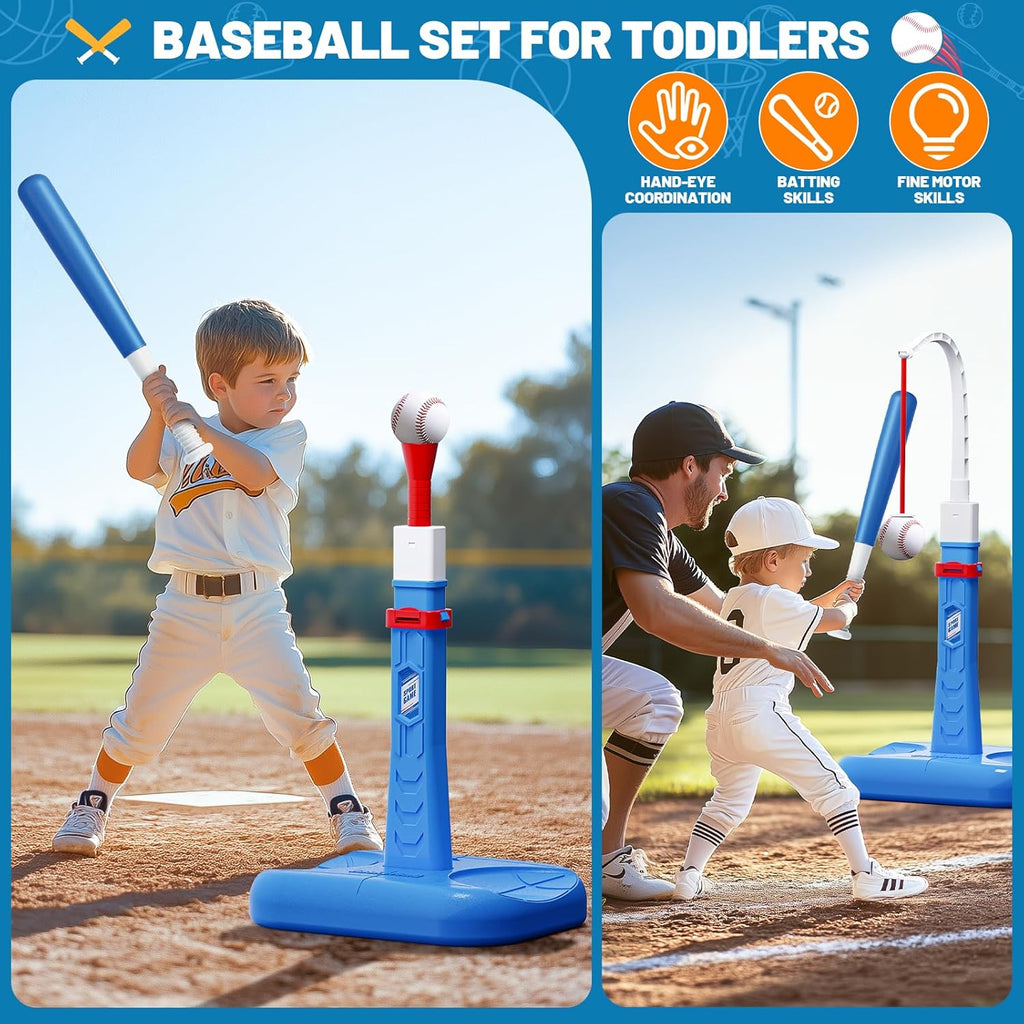 Skiennix 3-in-1 Kids Basketball Hoop & T-Ball Set - Adjustable Height Indoor/Outdoor Sports Toy for Ages 3-5 (Blue)