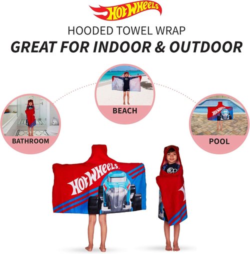 Hot Wheels Hooded Towel Wrap - Soft Cotton Bath/Pool/Beach Towel, 24" x 50" by Franco Kids