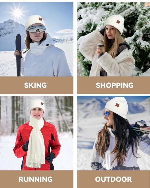 Women's Winter Knit Beanie Hat Touchscreen Gloves Long Neck Scarf Set Warm Soft Knit Beanie Cap for Cold Weather (White)