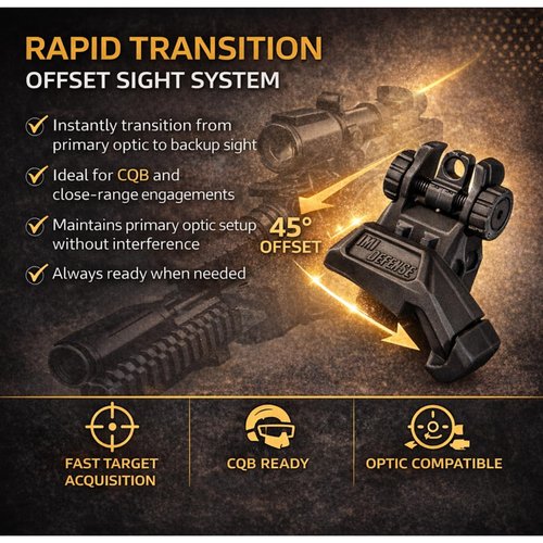 IMI Defense TFS Front and Rear Flip-Up Iron Sights – Polymer Backup Sight Set, Dual Aperture, Fiber-Reinforced, 45-Degree Offset (Black)