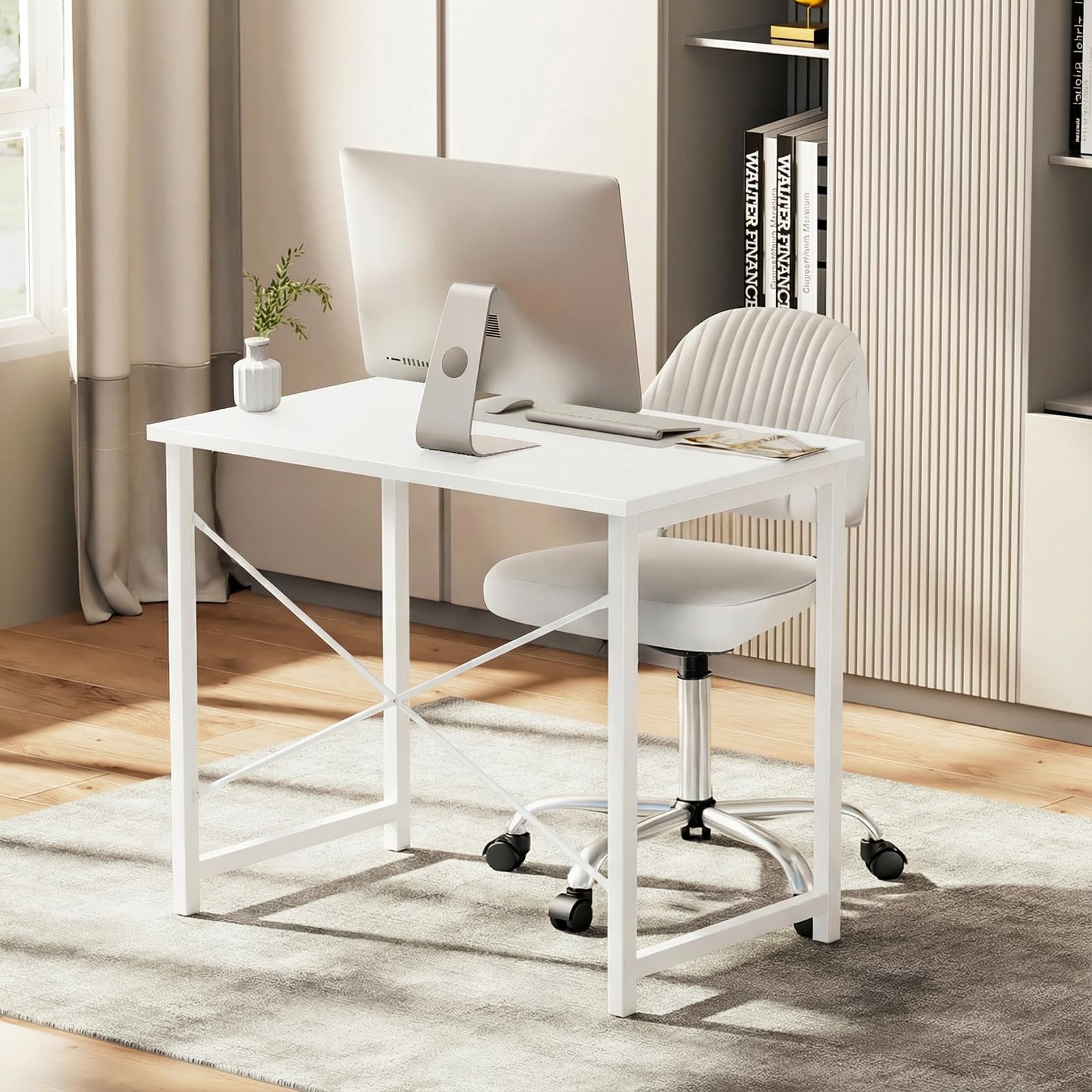 Sweetcrispy Computer Small Desk, 32 Inch Office Writing Work Study Student Home Bedroom Table with Metal Frame Wooden Tabletop No Wheels - White Wood Compact