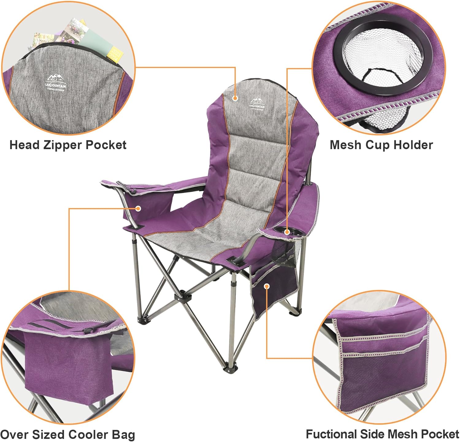 Skiennix High Back Folding Camping Chair - Heavy Duty with Cup Holder & Cooler Bag | Purple