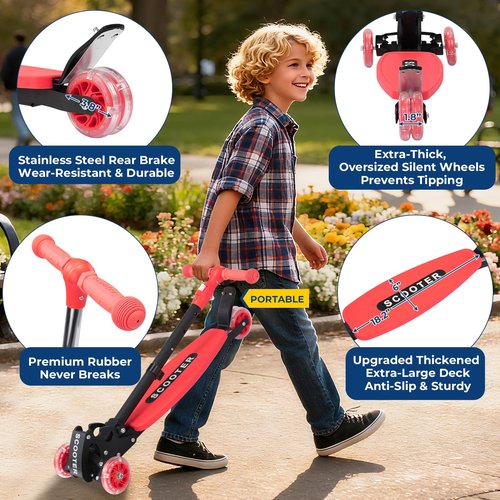 Scooter, Heavy-Duty Metal Frame 3-Wheel Scooter, 3-Speed Height Adjustable, LED Light-Up Wheels, Foldable - Ultimate Gift for 6-12 Year Old Boys and Girls, 180 lbs Weight Limit for Birthday Christmas