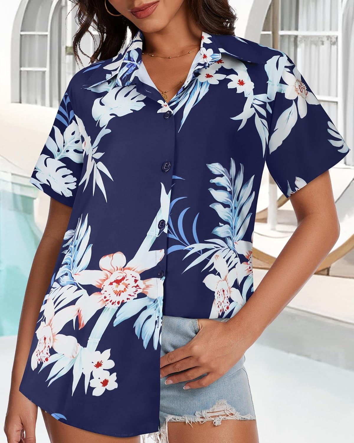 Skiennix Women’s Hawaiian Shirt - Cool Short Sleeve V-Neck Blouse for Summer Beach Outfits