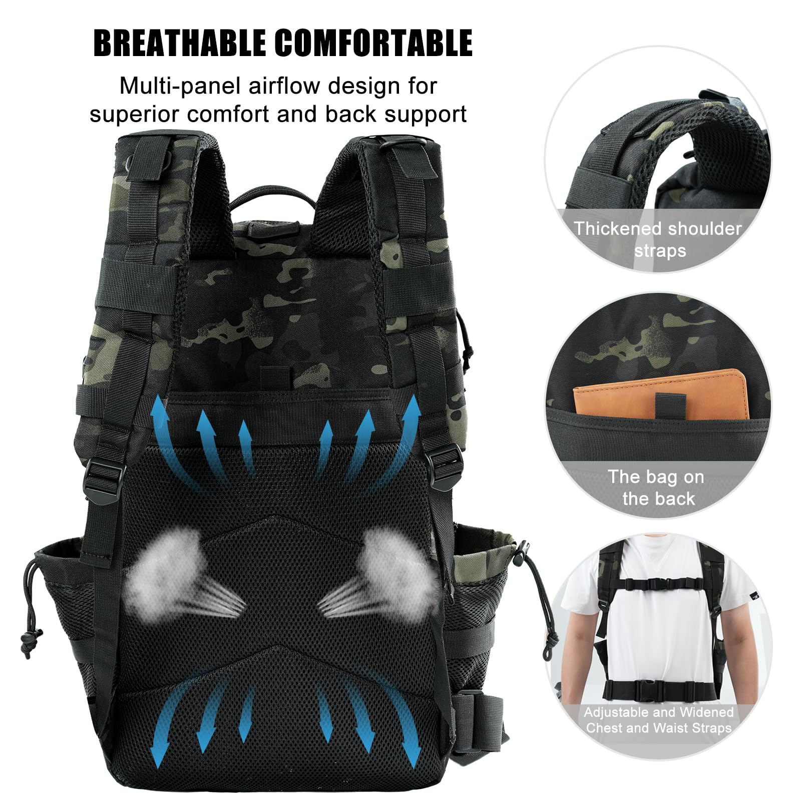 kookoomia Military Tactical Backpack 50L Large Day Backpack for Men Molle Army 3 Days Assault Pack Bug Out Bag Water Resistant and Heavy Duty Hiking Treeking Rucksack - Black Camo