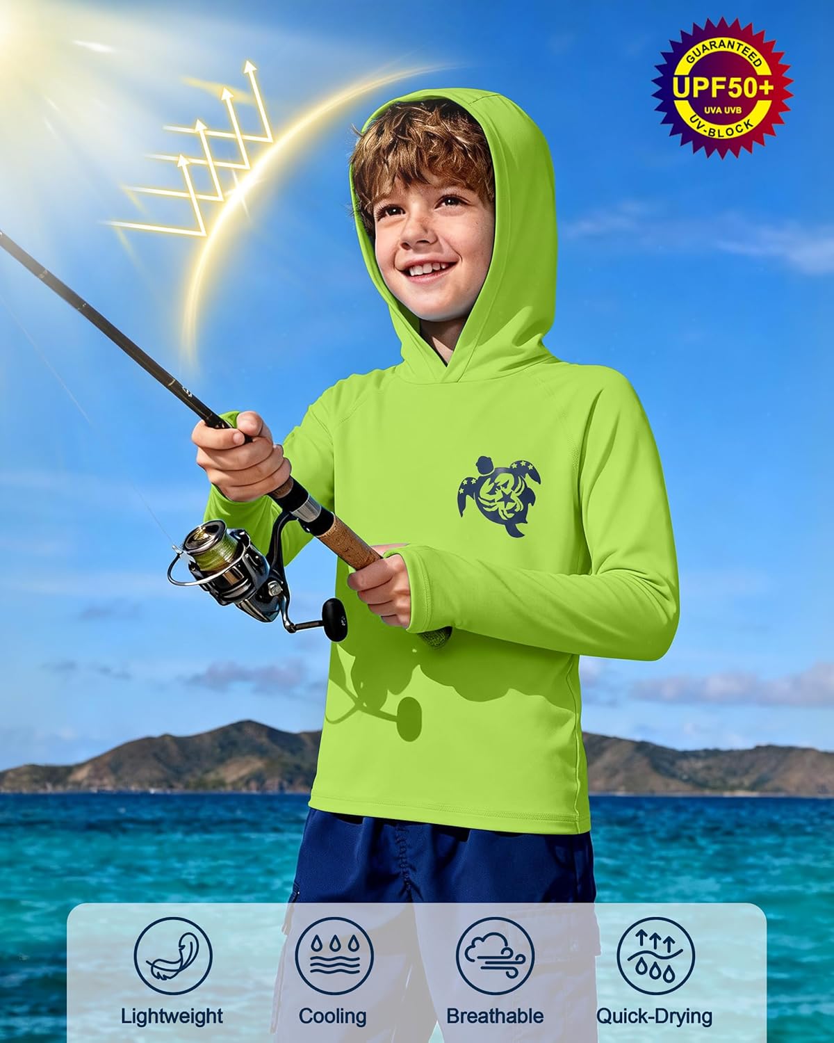 Skiennix Boys Rash Guard Swim Hoodie - UPF 50+ UV Protection Long Sleeve Fishing Shirt | Youth Size
