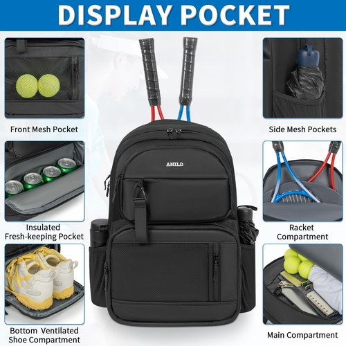 ANILD Tennis Bag Tennis Racket Backpack for 2 Rackets with Ventilated Shoe Compartment for Men & Women