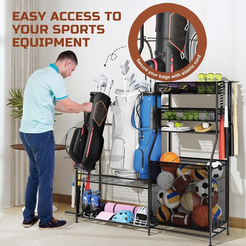Garage Sports Equipment Organizer - Heavy-Duty Golf Bag Storage Stand with Basket & Hooks | Space-Saving Design