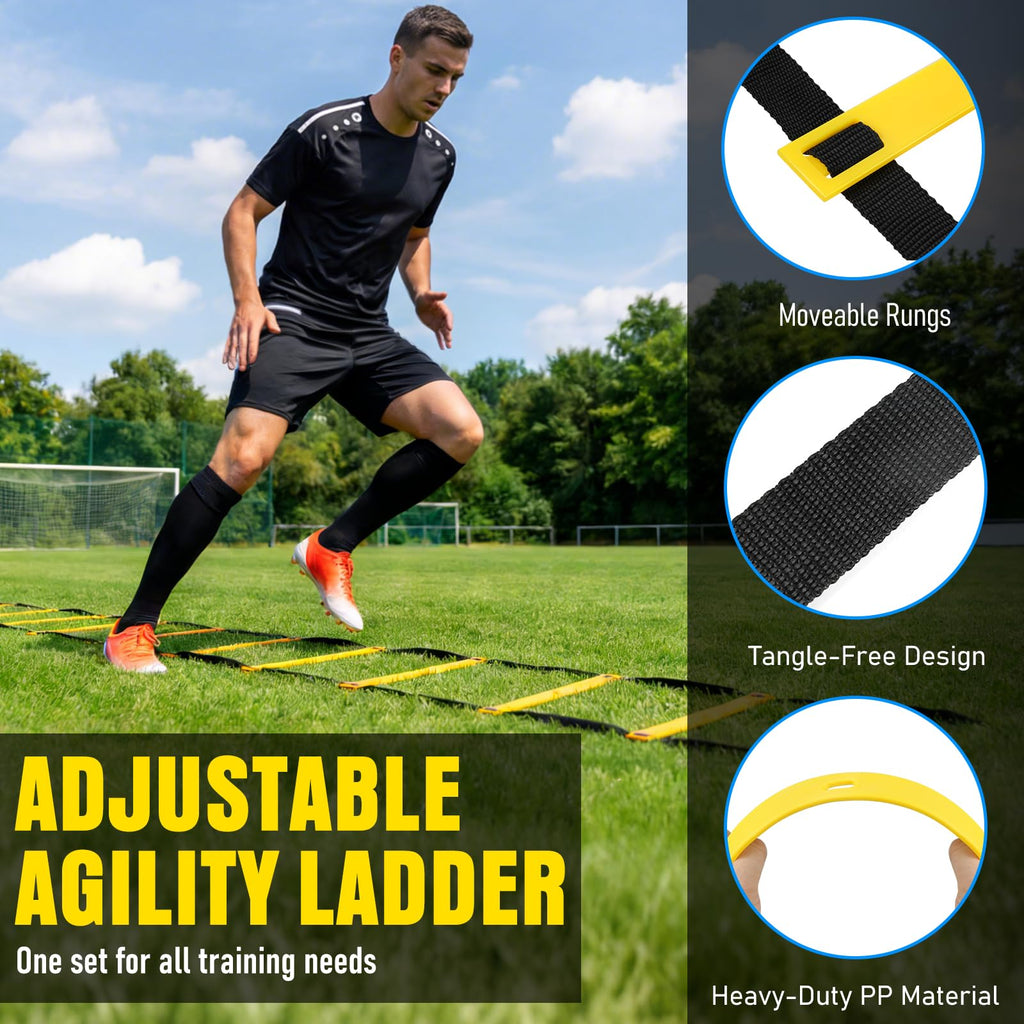 Agility Ladder,Soccer Training Equipment Set-20ft Speed Ladder,12 Soccer Cones,4 Hurdles,Jump Rope,Running Parachute,Basketball Football Agility Training Equipment for Kids, Youth, Adults (Yellow)