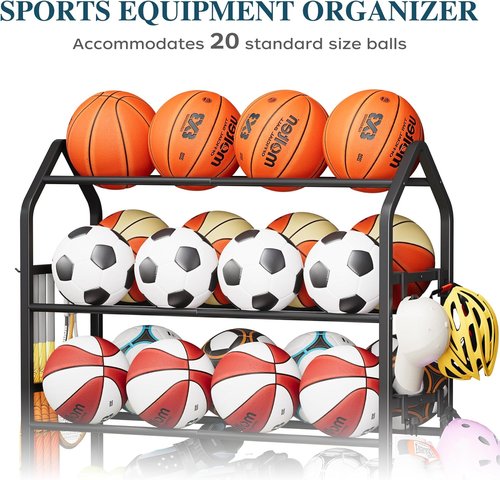 Homeiju Sports Equipment Organizer - Ball Storage Rack with Wheels & Hooks | Indoor/Outdoor Black Shelf