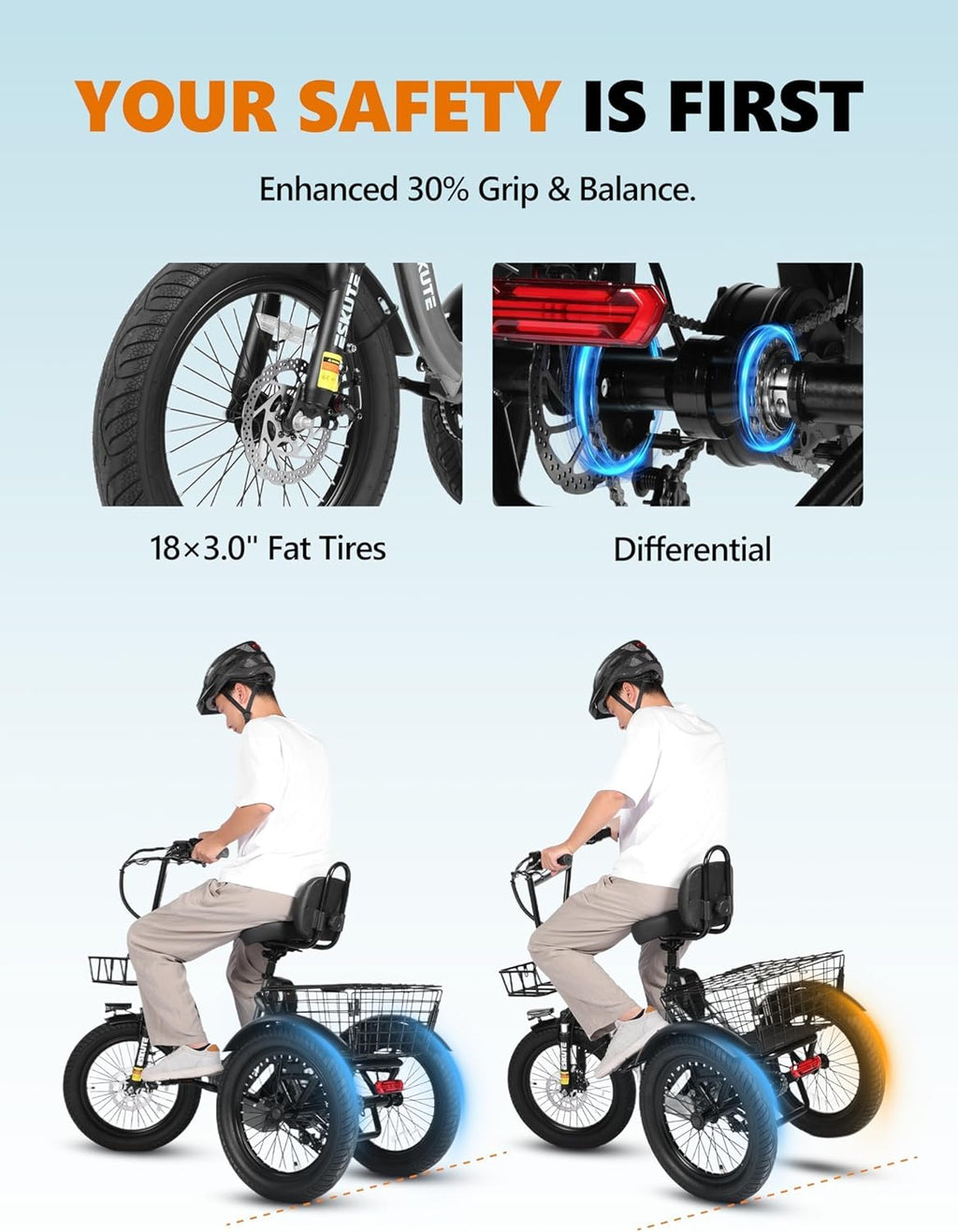 T300 Electric Trike Bike - 1200W Motor & 624Wh Battery | Foldable 3-Wheel E-Bike for Adults, 65-Mile Range