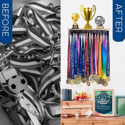 Defined Deco Medal Hanger - Wooden Trophy Shelf With 32 Hooks for Wall Mount Display | Ideal for Gymnastics, Soccer, Running Medals