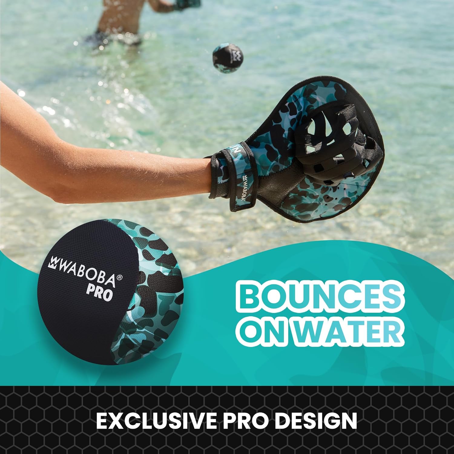 Waboba Catch Water Gloves - Pro Water Bouncing Ball Set for Beach & Pool Games | 2 Baseball Mitts, Black