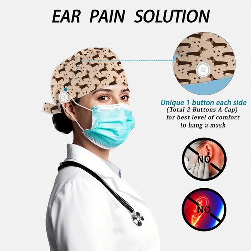 Cute Dachshund Unisex Scrub Cap with Sweatband – Adjustable Tie Back Surgical Hat for Men and Women, 2 Pcs Working Nurse Cap