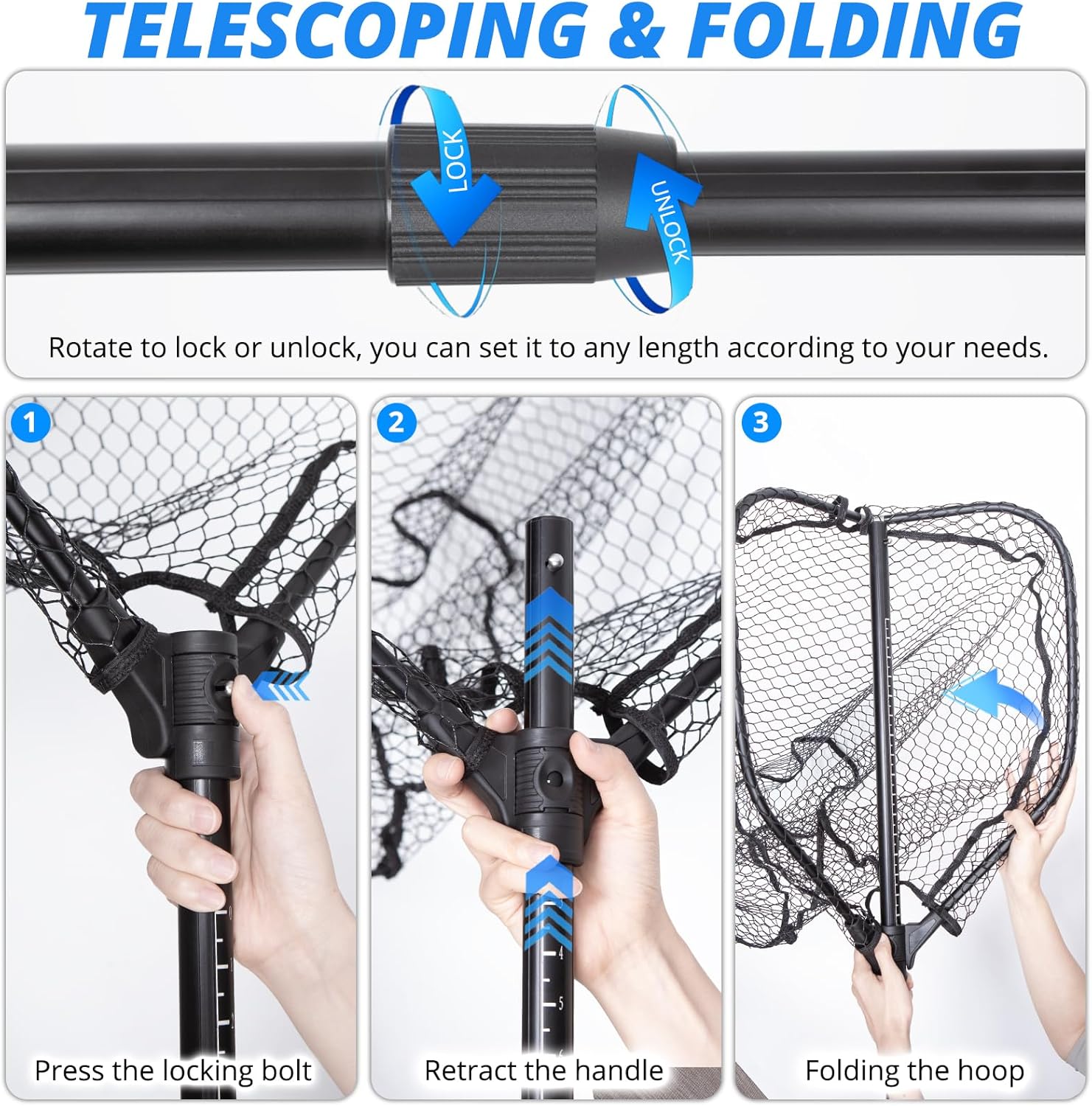 Telescoping Fishing Net by [Brand Name] - Lightweight Folding Landing Net with Rubber Netting | 56″-75″ Length, 20″ x 19″ Hoop