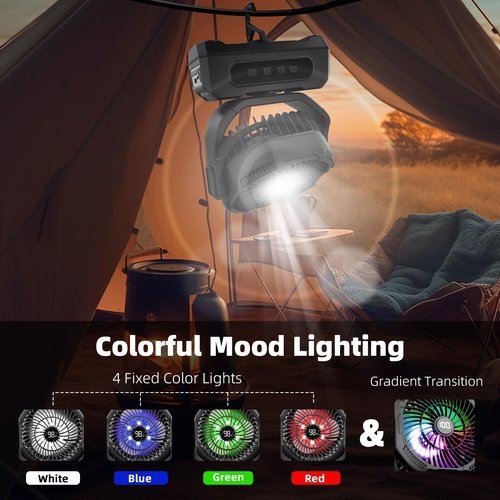 Roykaw Camping Fan 20800mAh Rechargeable Battery Powered Fan for 60 Hrs Cooling, Oscillating Fan with Battery Level Display, Colorful LED Lights & Timer Function,Black