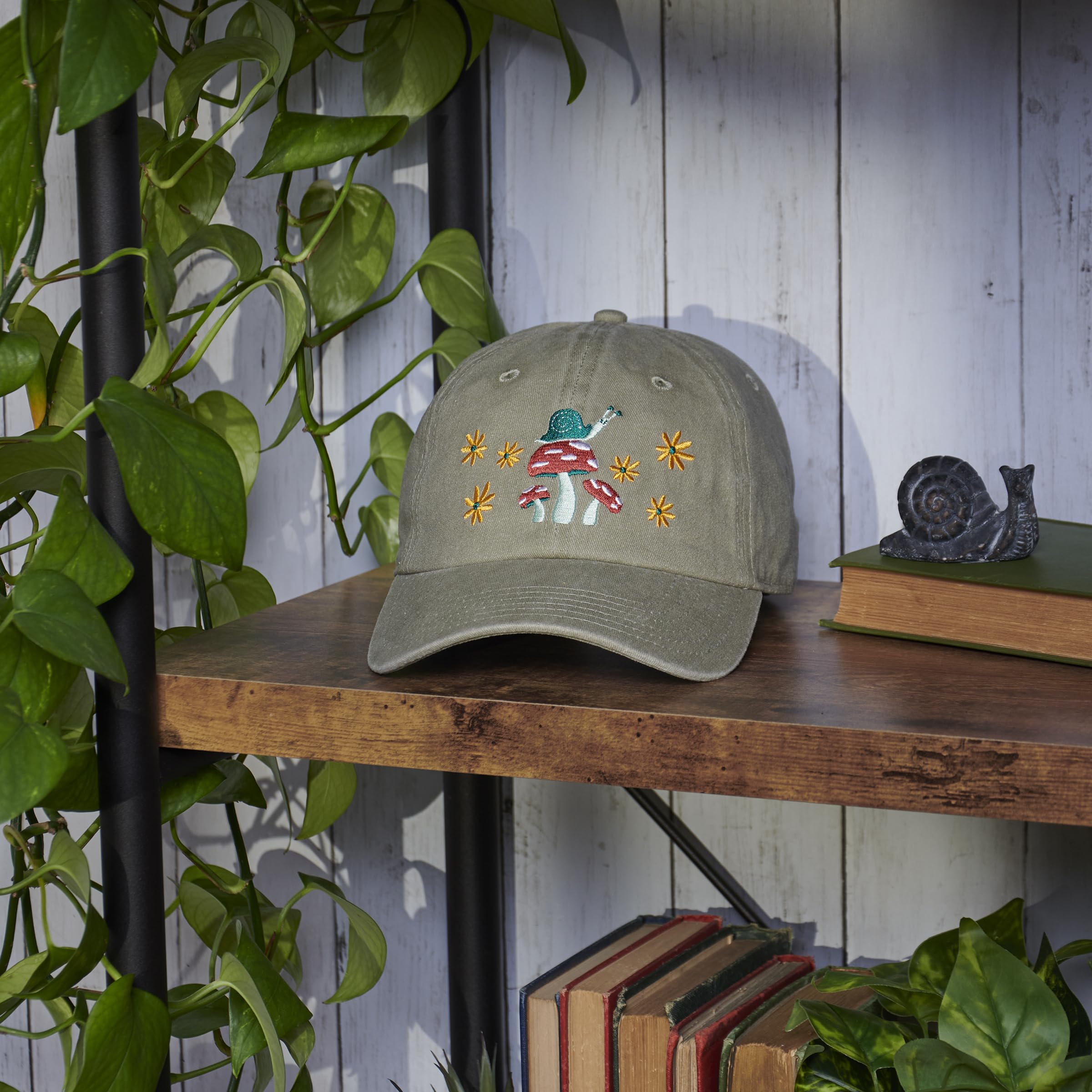 Primitives by Kathy Baseball Cap, Mushrooms Full Color Design, Stonewashed Khaki, Adjustable fit Metal Buckle