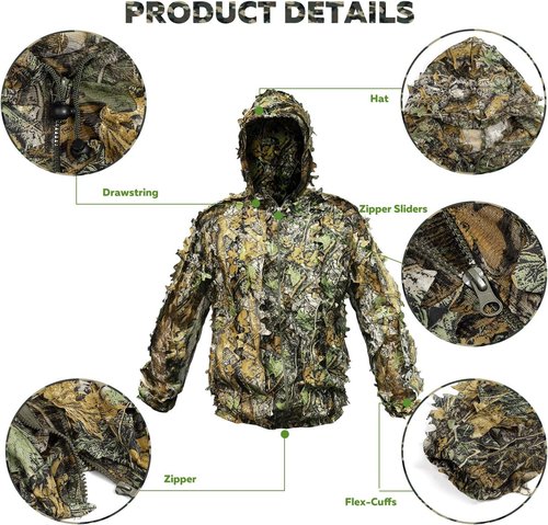 Ghillie Suit | Lightweight Hooded Camouflage Outfit for Hunting - Includes Gloves, Face Mask & Bag