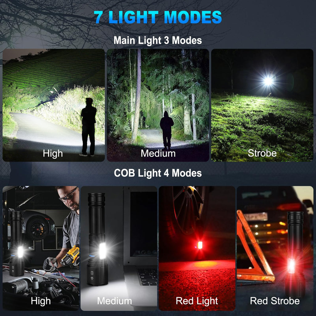 SKNSL Rechargeable LED Flashlights High Lumens, 99,000 Lumens Super Bright Flashlight 7 Modes w/COB Work Light, Powerful Flash Light for Outdoor Emergency Hiking Camping