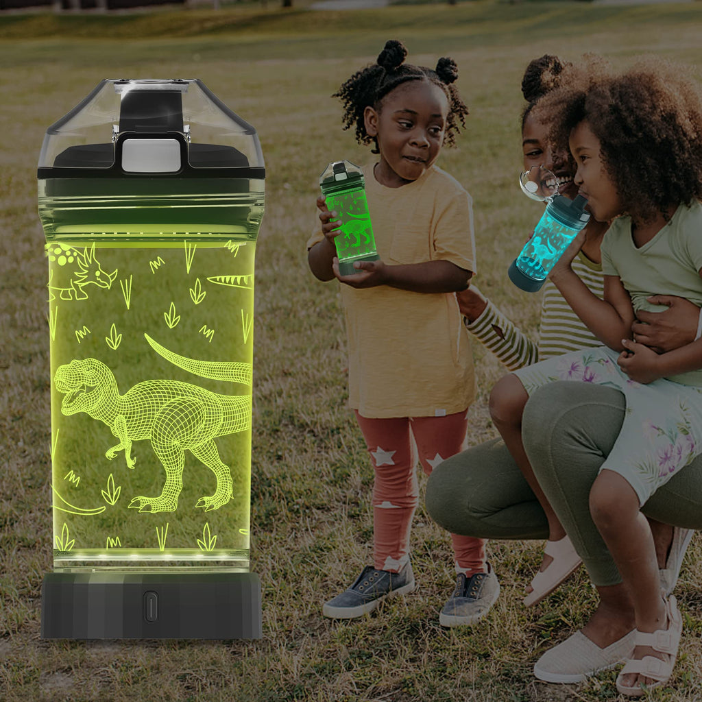YuanDian Dinosaur Water Bottle, Light Up Boy Drinking Cups with 3D Dinosaur Night Light- 14 OZ Tritan BPA Free Eco-Friendly - Cool Jurassic Merchandise Gift for School Kids Boy Girl