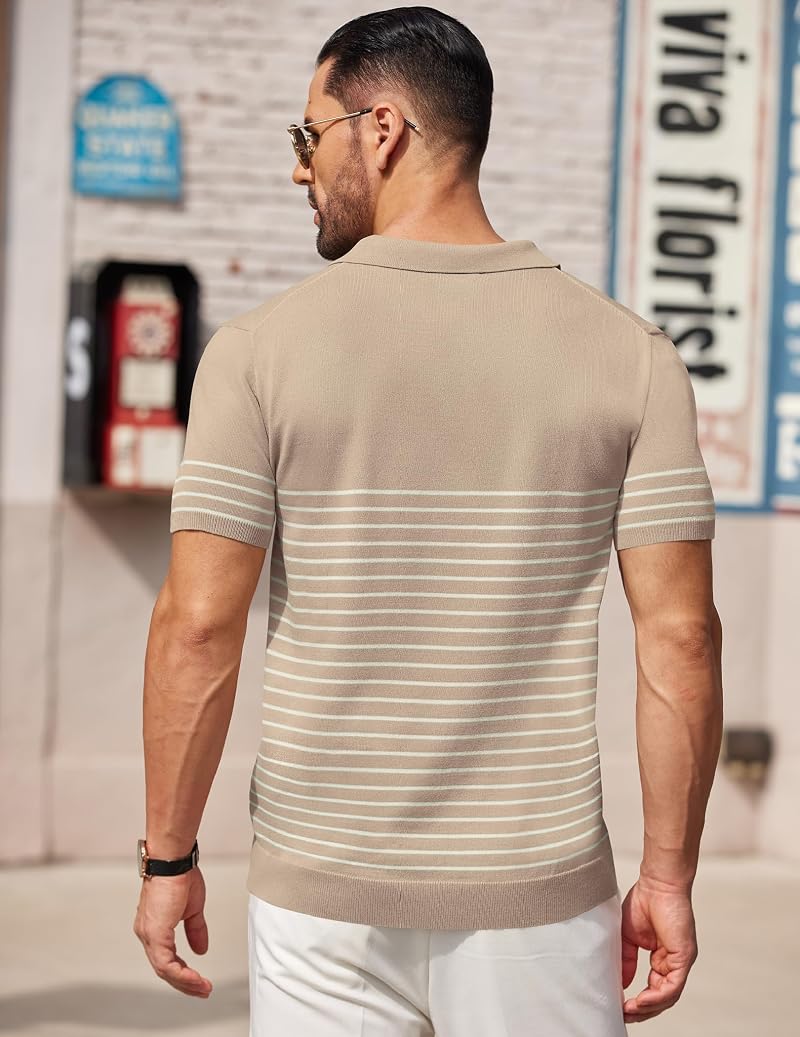Khaki Striped Knit Polo Shirt for Men - Short Sleeve Button-Down Golf Essential
