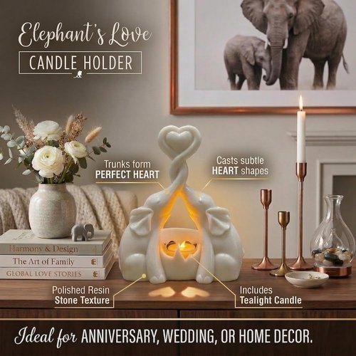 Elephant Love Candle Holder Statue - Elegant Home Decor Gift for Women | Ivory with LED Candle - Perfect for Anniversaries & Valentine's Day