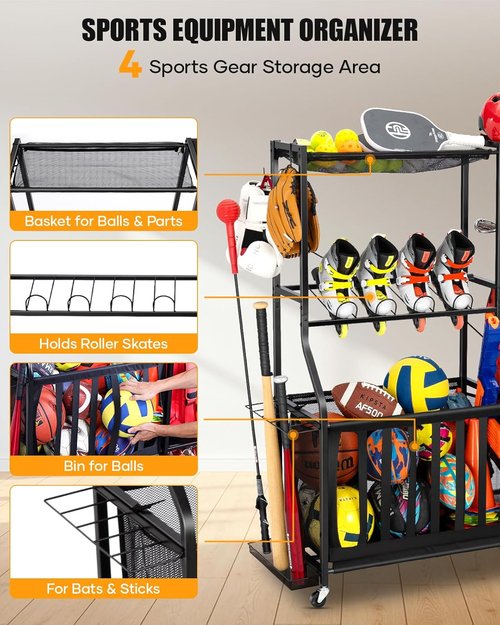 Garage Sports Equipment Organizer - Heavy-Duty Rolling Golf Bag Storage Rack with Bins & Hooks | Black, Large