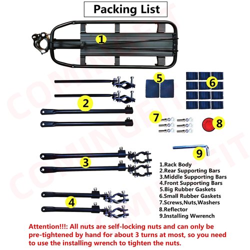 COMINGFIT Rear Bike Rack Bicycle Cargo Rack Quick Release Adjustable Alloy Bicycle Carrier 265lbs Capacity Fit for 24 inch, 26 inch, 27.5 inch, 29 inch Bikes