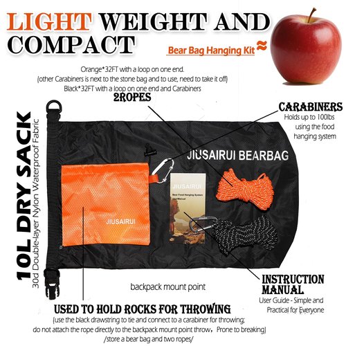 JIUSAIRUI 7.8Oz Ultralight Bear Bag Hanging Kit: 30D Waterproof Bear Proof Food Storage for Backpacking and Camping Alternative to Bear Canister (10L)